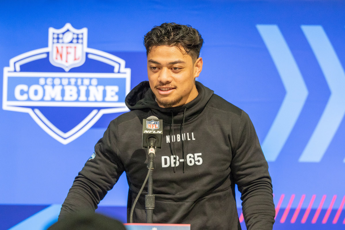 Feb 29, 2024; Indianapolis, IN, USA; Utah defensive back Sione Vaki (DB65) talks to the media during the 2024 NFL Combine at Lucas Oil Stadium. Mandatory Credit: Trevor Ruszkowski-USA TODAY Sports